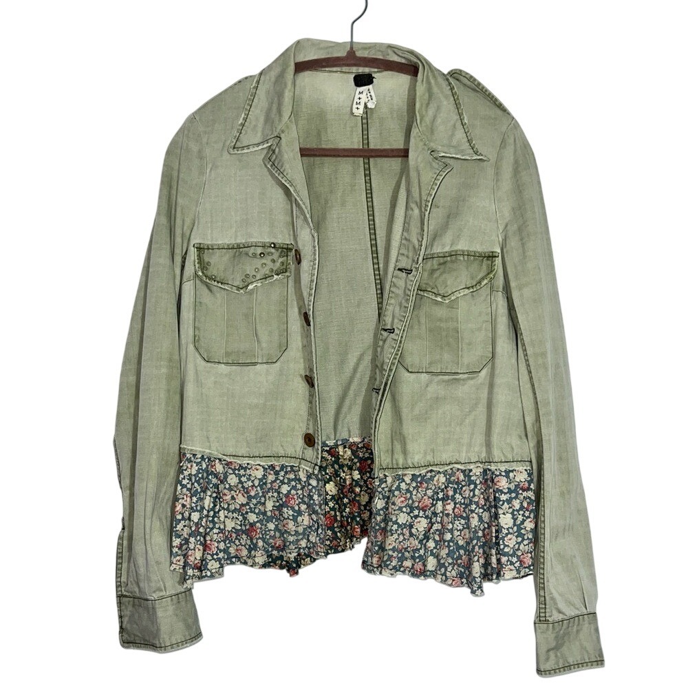 We The Free Military Utility Sargent Jacket Olive Green Floral Ruffle Studded M